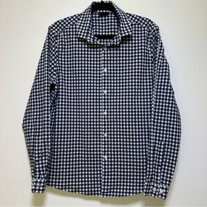 Men’s Blue White Gingham Button Down Stretch Cotton Shirt Size L